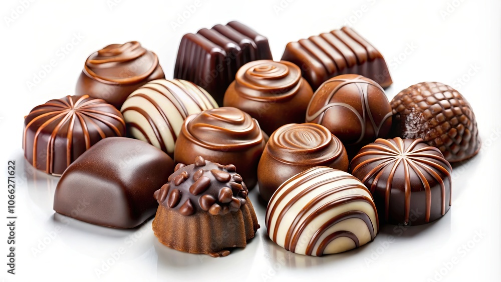 Delicious chocolate candies isolated on white background, chocolate, candies, sweets, treats, confectionery, dessert Delicious chocolate candies isolated on white background, chocolate, candies, sweets, treats, confectionery, dessert