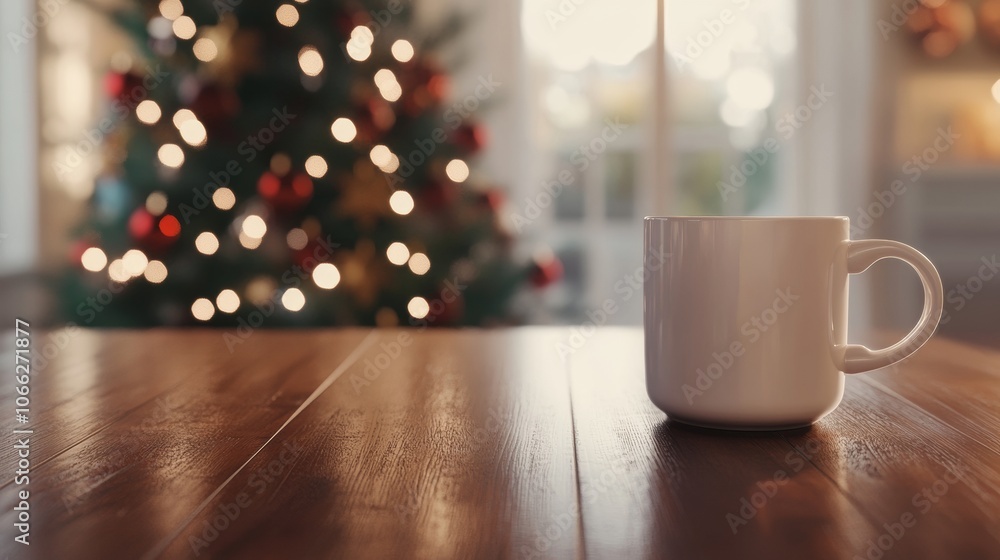 cup of coffee placed on the table with christmas background cup of coffee placed on the table with christmas background