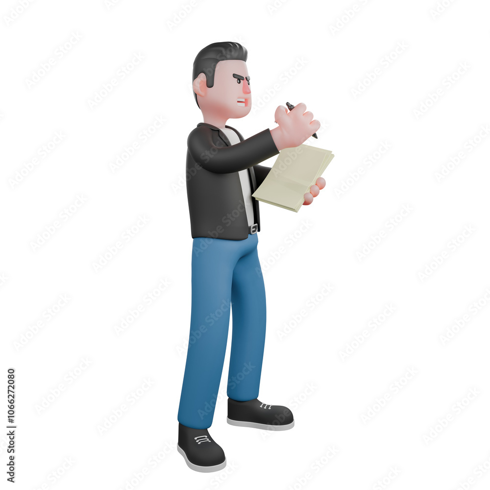 3D Cartoon Musician Character Design. A male musician is standing with his left hand holding a sheet of white paper in his left hand while his right hand is holding a ballpoint pen. Vocal Talent 3D Cartoon Musician Character Design. A male musician is standing with his left hand holding a sheet of white paper in his left hand while his right hand is holding a ballpoint pen. Vocal Talent