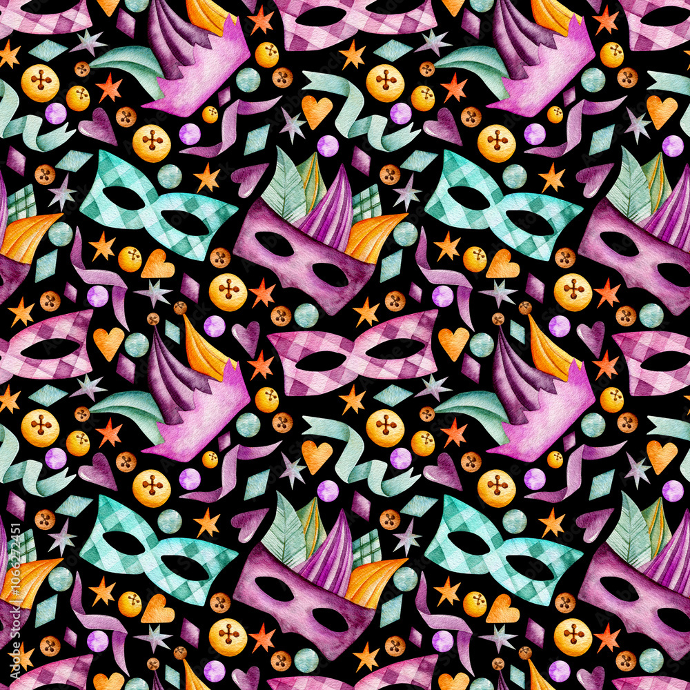 Naklejka premium Seamless watercolor pattern for Mardi Gras holiday. Bright carnival masks, ribbons, colorful confetti isolated on black background. Design for gift wrapping.