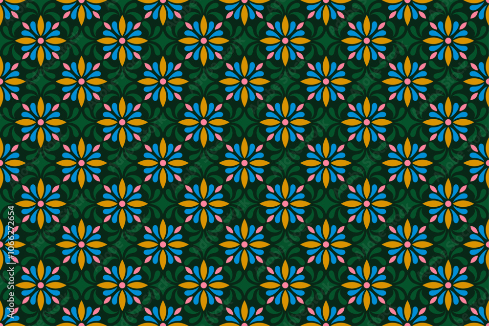 Flowers Seamless Pattern in Green Background Flowers Seamless Pattern in Green Background