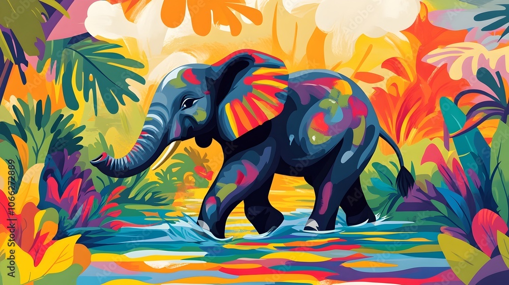 Obraz premium Playful Elephant Frolicking in Vibrant Shimmering River with Bold Cartoon Aesthetics