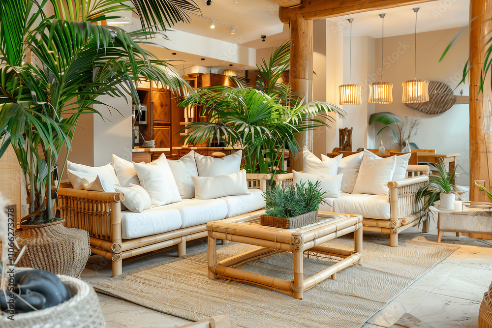 Fototapeta premium Living room with sustainable bamboo furniture, large potted plants, and neutral tones, creating a serene, nature-inspired space with eco-friendly decor.