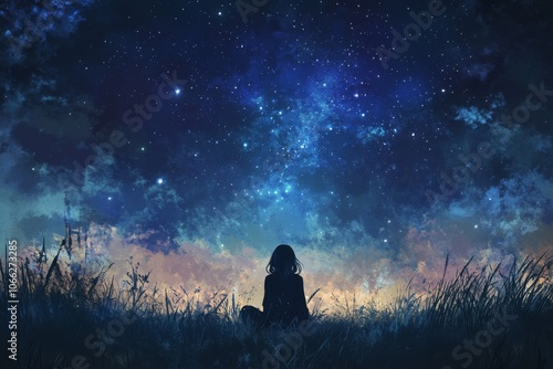 A girl sits by an open field under a starry sky, gazing up in quiet wonder.