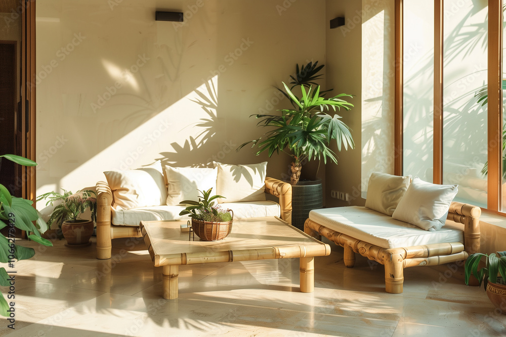 Fototapeta premium Living room with sustainable bamboo furniture, large potted plants, and neutral tones, creating a serene, nature-inspired space with eco-friendly decor.