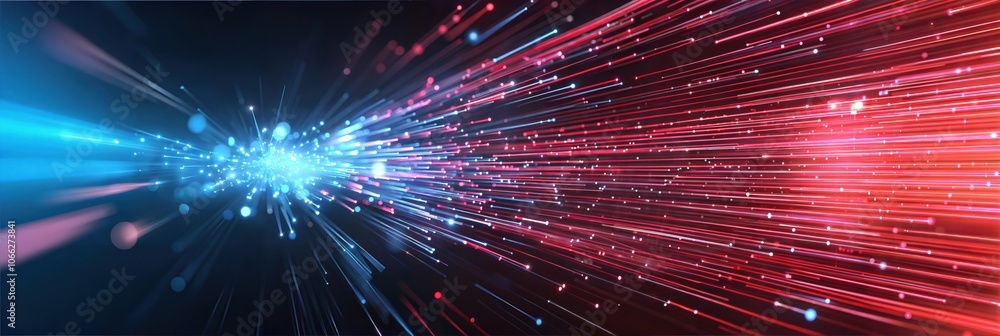 Fototapeta premium Abstract background featuring dynamic blue and red light streaks converging, symbolizing technology, speed, and data transmission themes. 