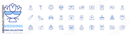 Wedding icons collection. Line Duotone style, editable stroke. marriage, romantic date, love letter, wedding, wedding dress, bouquet, key, shoe, bride, champagne