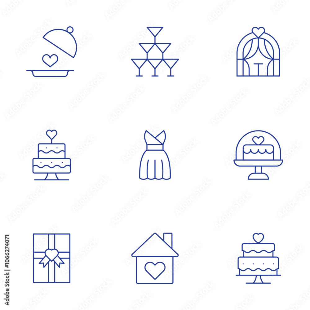 Wedding icons set. Thin Line style, editable stroke. glasses, home, wedding arch, wedding cake, wedding dress, food tray, gift Wedding icons set. Thin Line style, editable stroke. glasses, home, wedding arch, wedding cake, wedding dress, food tray, gift