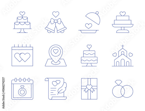 Wedding icons. Thin Line style, editable stroke. cake, chapel, wedding, wedding rings, wedding cake, wedding day, bell, contract, food tray, gift, wedding location