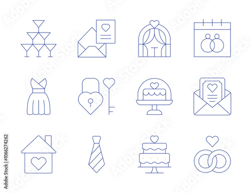 Wedding icons. Thin Line style, editable stroke. home, padlock, tie, wedding cake, wedding dress, wedding invitation, wedding rings