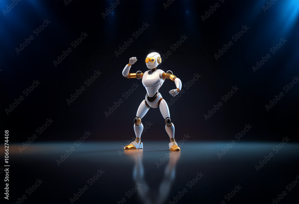 A white and gold robot with a female form stands with fists raised in a triumphant pose against a dark background with spotlights illuminating the scene. A white and gold robot with a female form stands with fists raised in a triumphant pose against a dark background with spotlights illuminating the scene.