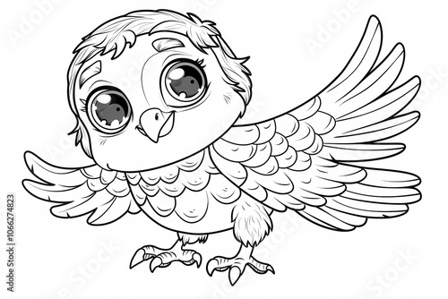 A cute cartoon owl character with big eyes and fluffy feathers, designed for coloring activities, featuring open wings and an inviting expression. photo