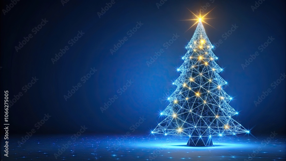 Glowing Christmas spruce tree low poly style on dark blue background, Christmas, spruce tree, glowing, low poly Glowing Christmas spruce tree low poly style on dark blue background, Christmas, spruce tree, glowing, low poly