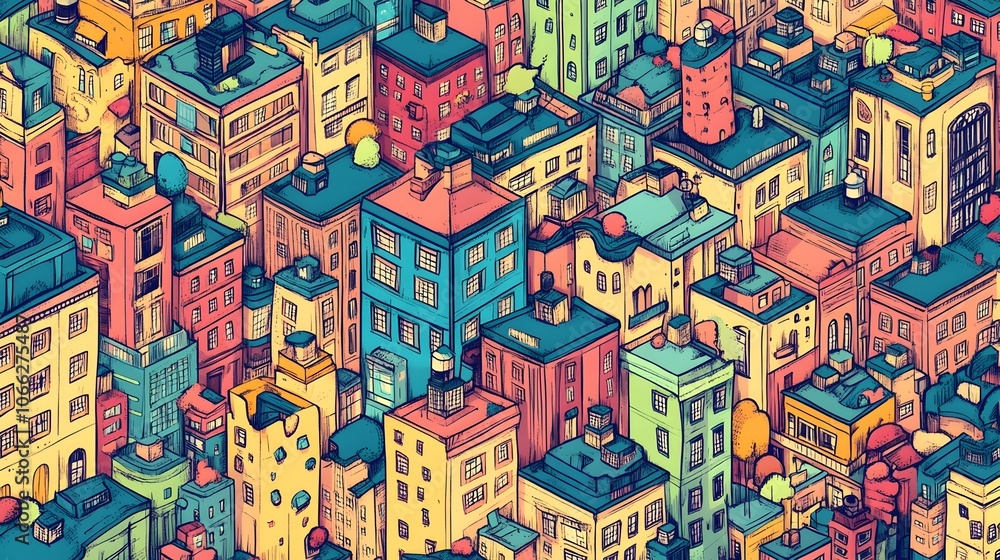 Fototapeta premium Whimsical Isometric Doodle Cityscape with Vibrant Buildings and Playful Shapes