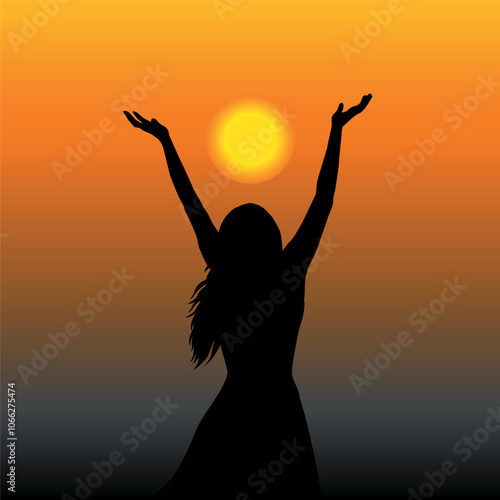 Woman enjoy life standing outside with her hands raised towards sunrise sky.eps