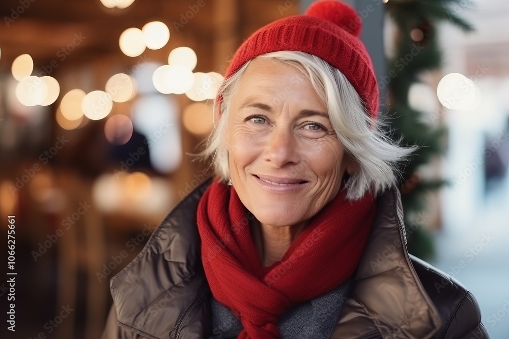 Portrait of happy senior woman in red hat and scarf at Christmas market Portrait of happy senior woman in red hat and scarf at Christmas market