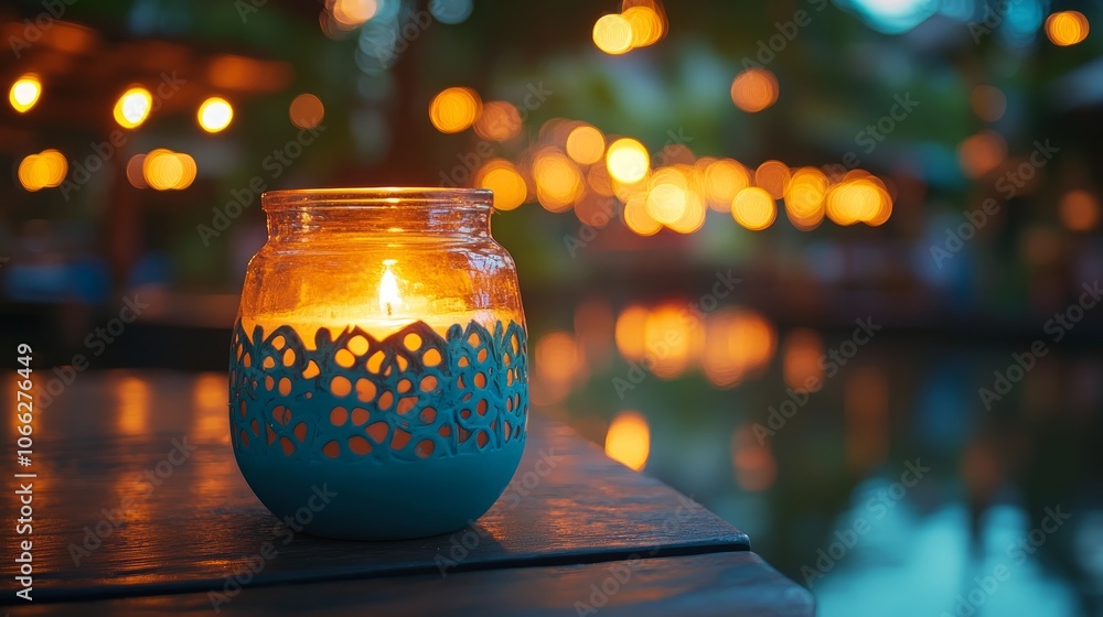 A teal candle holder with a lit candle sits on a wooden table with a blurred background of a pond and string lights. A teal candle holder with a lit candle sits on a wooden table with a blurred background of a pond and string lights.
