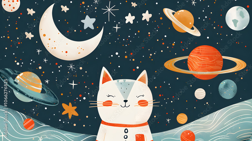 Cute cartoon cat astronaut with stars and planets in the background Cute cartoon cat astronaut with stars and planets in the background