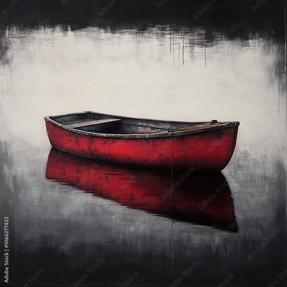 Red Boat on Still Water: A Minimalist Landscape Painting Red Boat on Still Water: A Minimalist Landscape Painting