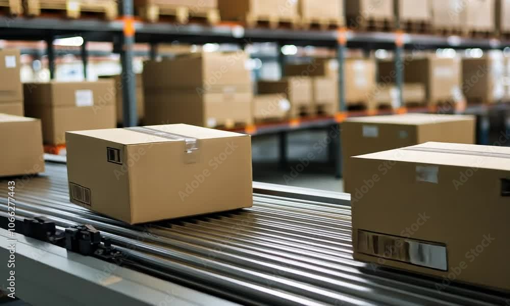 Cardboard boxes on a conveyor belt in a warehouse