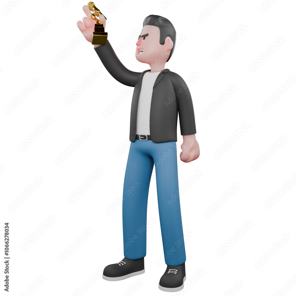 3D Musician Character Design. A male musician stands with his right hand raised high holding a microphone. Cartoon Performer 3D Musician Character Design. A male musician stands with his right hand raised high holding a microphone. Cartoon Performer