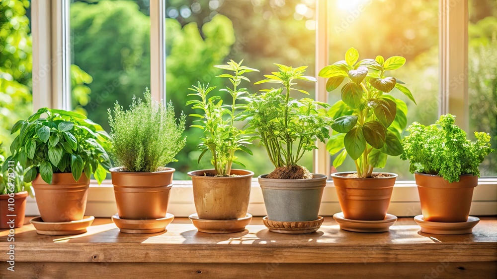 Home indoor herb garden with a variety of aromatic herbs such as basil, mint, and rosemary in pots on a sunny windowsill Home indoor herb garden with a variety of aromatic herbs such as basil, mint, and rosemary in pots on a sunny windowsill