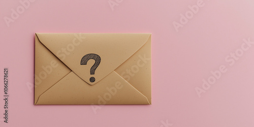 A closed brown envelope with a question mark on a pink background, representing mystery, surprise, or unanswered questions in communication photo