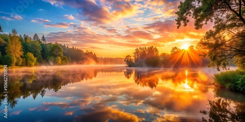 A Serene Morning Panorama with Golden Sunlight Reflecting on a Still Lake, Enveloped in a Misty Haze, While a Tree Stands Tall, Witnessing the Day's Awakening