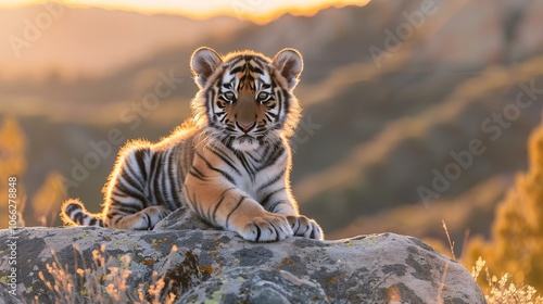 Featuring Cute baby tiger cub sitting on boulder, mountains in background, golden hour light photo