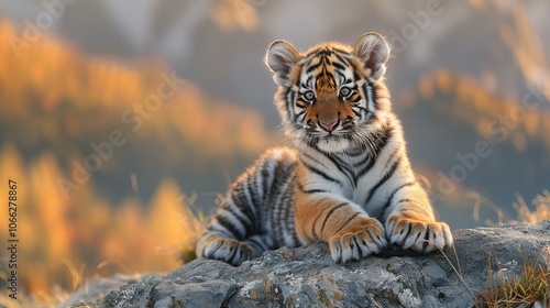 Elegant Cute baby tiger cub sitting on boulder, mountains in background, golden hour light photo