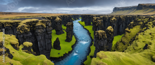 Enchanting Icelandic landscape of Studlagil basalt canyon, with a breathtaking vista of towering, moss-covered black rock formations, winding through a serene, glacial river, beneath a dramatic. photo