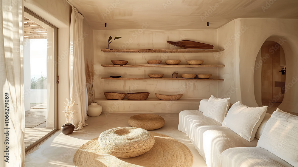 Open, airy living room with upcycled wooden shelves, a linen sofa, and woven baskets, embracing minimalist design with eco-friendly materials. interior design concept home Open, airy living room with upcycled wooden shelves, a linen sofa, and woven baskets, embracing minimalist design with eco-friendly materials. interior design concept home