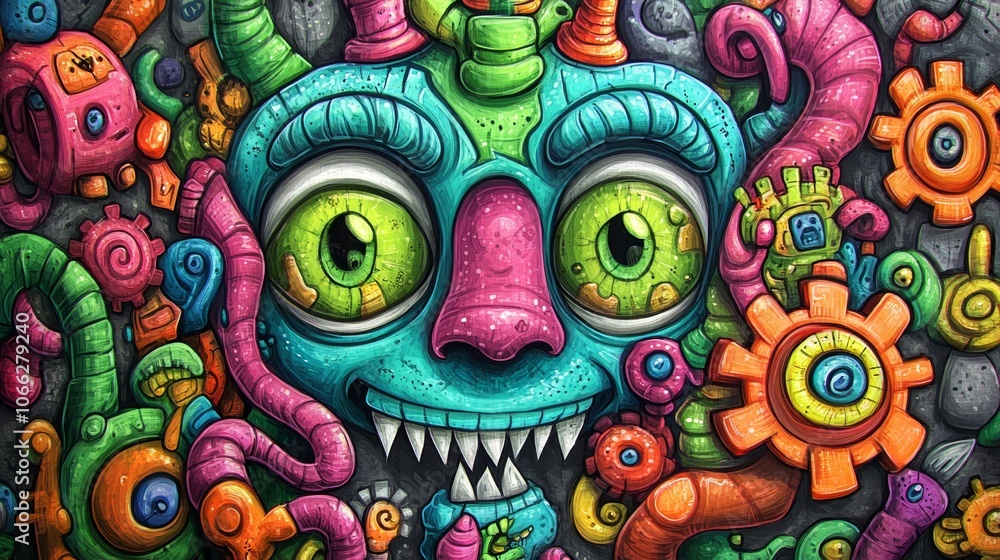 Fototapeta premium A colorful monster painting, central figure surrounded by multitude of fantastical creatures