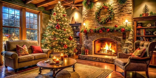 Warmth and cheer radiate from the glowing fireplace, casting a warm glow on the decorated Christmas tree, creating a cozy atmosphere of holiday festivity.