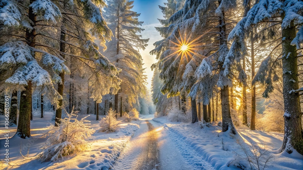A winter wonderland unfolds as the sun casts its golden rays through a snow-laden forest, illuminating a path leading towards a distant horizon. A winter wonderland unfolds as the sun casts its golden rays through a snow-laden forest, illuminating a path leading towards a distant horizon.
