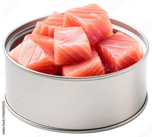 A can of pink salmon chunks, ready to eat.