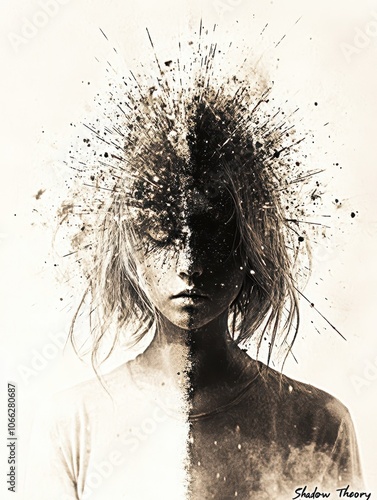 Abstract black and white portrait with splatter effect.