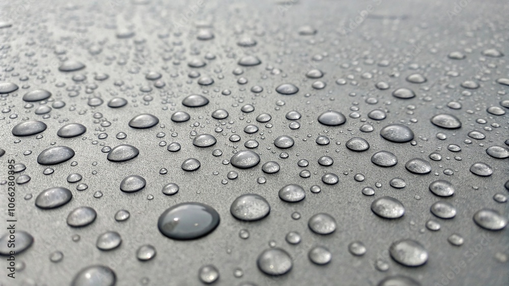 Close-up of water droplets on a gray surface, creating a sense of depth, shallow depth, tiny water, focus on detail, liquid droplets, bead patterns Close-up of water droplets on a gray surface, creating a sense of depth, shallow depth, tiny water, focus on detail, liquid droplets, bead patterns