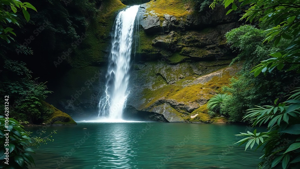 Obraz premium Dense foliage surrounds a tranquil pool of water at the base of a majestic waterfall cascading down a moss-covered rocky face, jungle, greenery, natural