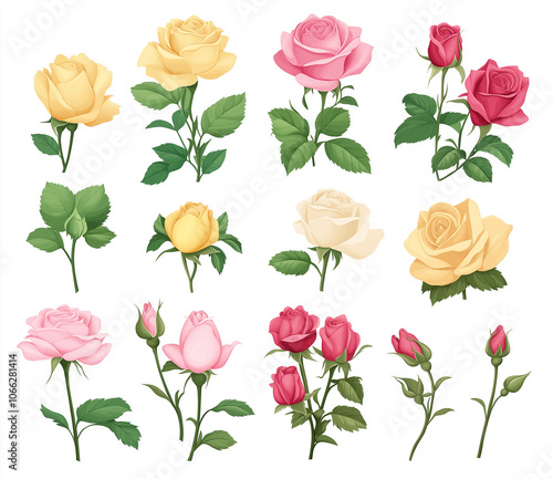 Selected yellow rose illustrations, showcasing elegance and nobility