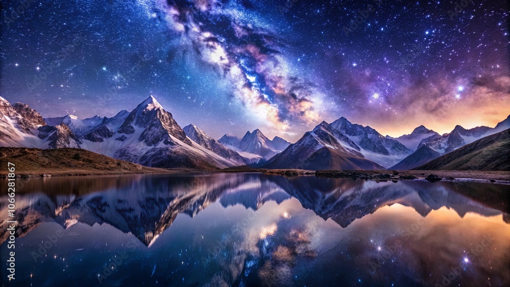 A serene mountain lake mirrors the celestial tapestry of the night sky, with the Milky Way casting its ethereal glow upon the snow-capped peaks. A serene mountain lake mirrors the celestial tapestry of the night sky, with the Milky Way casting its ethereal glow upon the snow-capped peaks.
