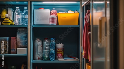 Wallpaper Mural An open blue cabinet with shelves containing cleaning supplies, water bottles, and other items. Torontodigital.ca