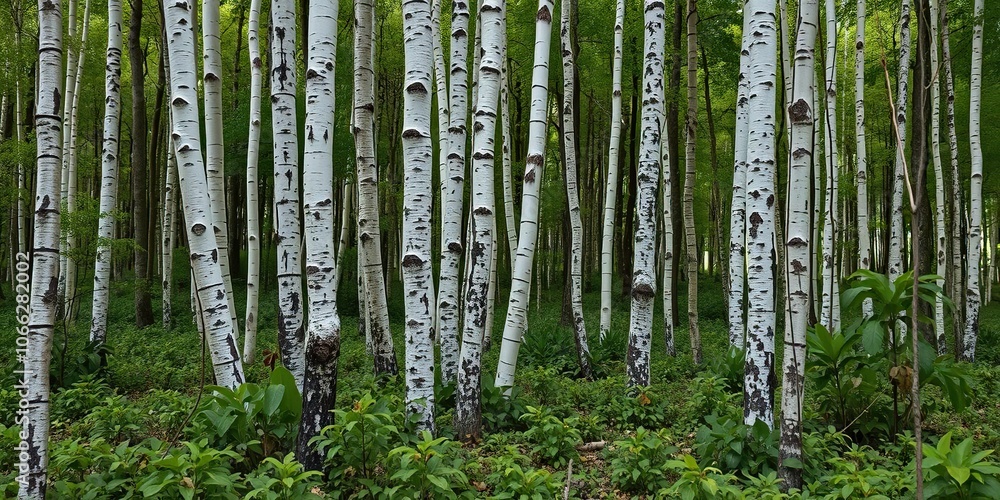 Many birches stand together in a cluster amidst the undergrowth of a dense forest floor, white bark, forest landscape, woodlands Many birches stand together in a cluster amidst the undergrowth of a dense forest floor, white bark, forest landscape, woodlands
