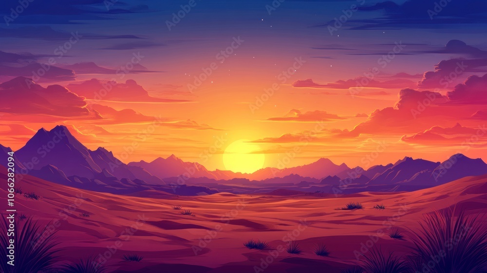 Fototapeta premium Beautiful desert sunset with glowing sky colors, peaceful and warm across the sandy landscape.