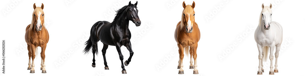 Obraz premium Four beautiful horses in various colors, isolated on a white background.