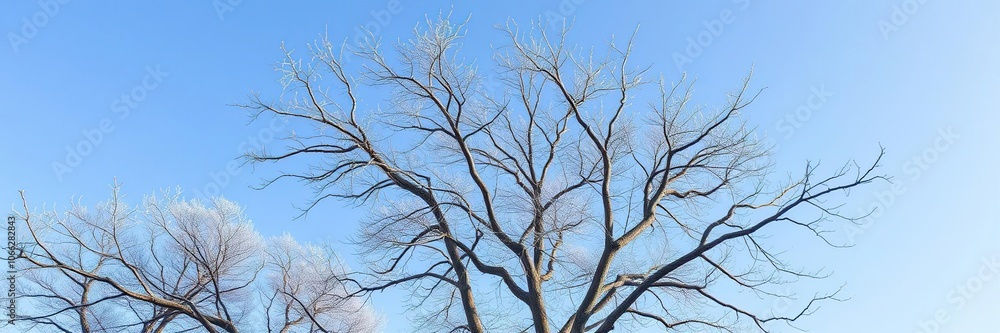 The stark branches of a bare tree stretch towards the bright blue sky on a frosty winter morning, wintry scenery, tree silhouettes The stark branches of a bare tree stretch towards the bright blue sky on a frosty winter morning, wintry scenery, tree silhouettes