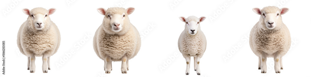 Fototapeta premium Four sheep of varying sizes, white isolated background.