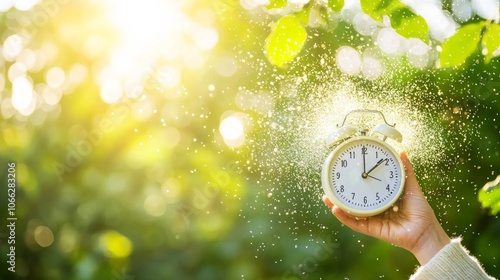 A white alarm clock with water drops falling from it, held by a hand against a blurred background of a sunny green forest.