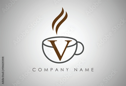 Alphabet V Coffee cup, Coffee badge, Coffee cup logo design.