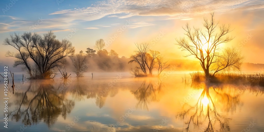 Silhouettes of Trees Reflecting in the Misty Golden Waters of a Still Lake at Dawn Silhouettes of Trees Reflecting in the Misty Golden Waters of a Still Lake at Dawn